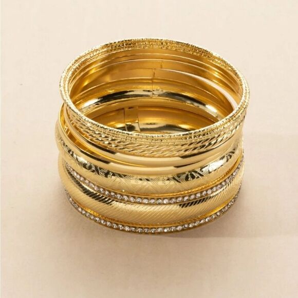 Elegant Gold Bangle Set Rhinestone Detail - Picture 2 of 6